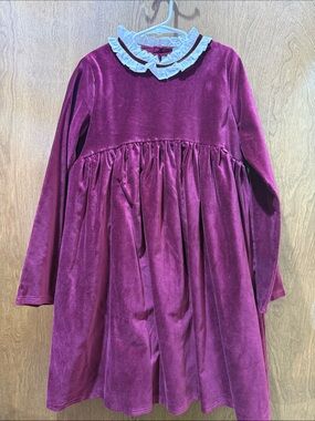 Girls' Velvet Long-Sleeve Formal Dress with Ruffle Collar - Plum